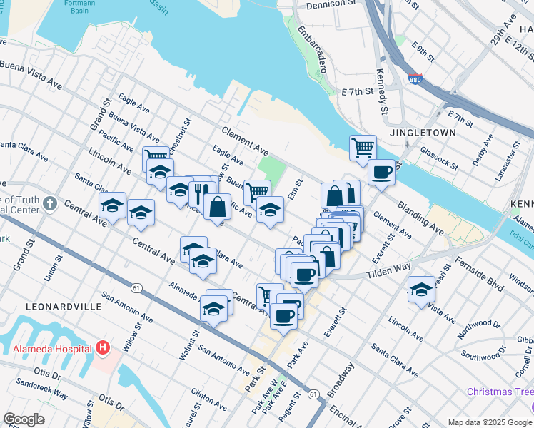 map of restaurants, bars, coffee shops, grocery stores, and more near in Alameda