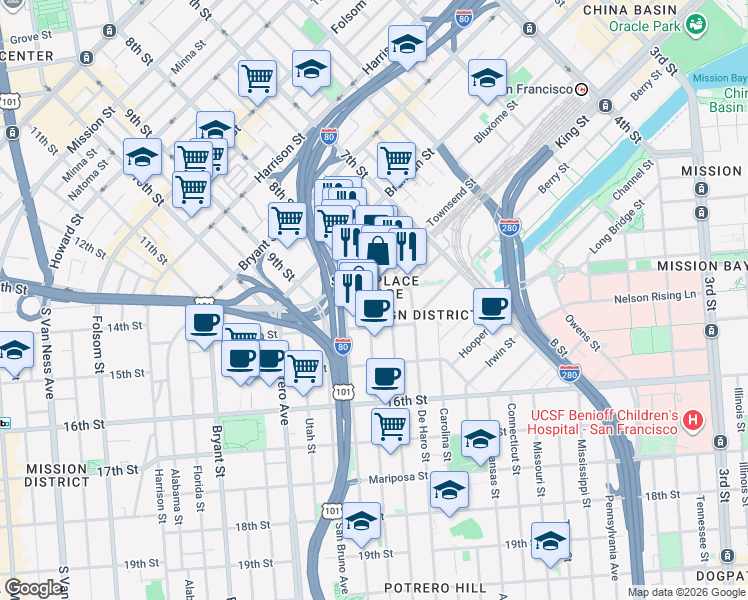 map of restaurants, bars, coffee shops, grocery stores, and more near 1 Henry Adams Street in San Francisco