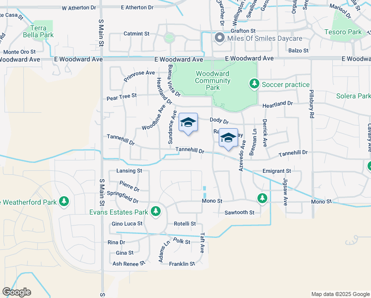 map of restaurants, bars, coffee shops, grocery stores, and more near 575 Tannehill Drive in Manteca