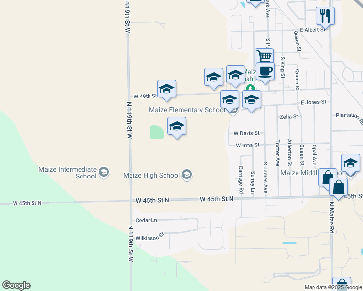 map of restaurants, bars, coffee shops, grocery stores, and more near 11111 West 49th Street North in Maize