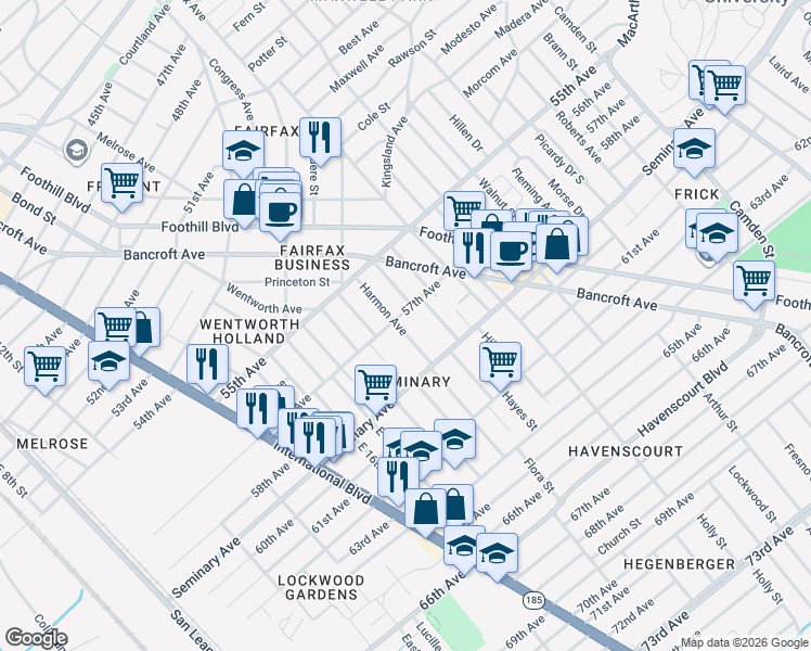 map of restaurants, bars, coffee shops, grocery stores, and more near 2120 57th Avenue in Oakland