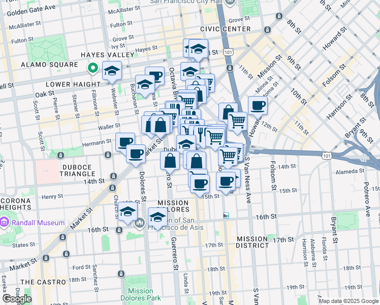 map of restaurants, bars, coffee shops, grocery stores, and more near in San Francisco