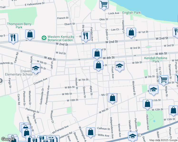 map of restaurants, bars, coffee shops, grocery stores, and more near 2120 West 5th Street in Owensboro