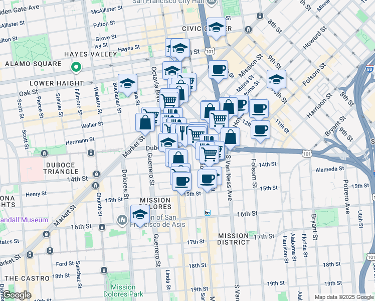 map of restaurants, bars, coffee shops, grocery stores, and more near 31 Duboce Avenue in San Francisco