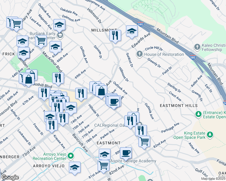 map of restaurants, bars, coffee shops, grocery stores, and more near 2915 75th Avenue in Oakland