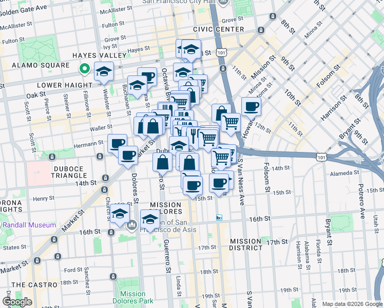 map of restaurants, bars, coffee shops, grocery stores, and more near 83 Duboce Avenue in San Francisco
