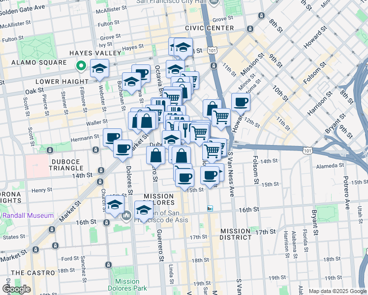 map of restaurants, bars, coffee shops, grocery stores, and more near 83 Duboce Avenue in San Francisco
