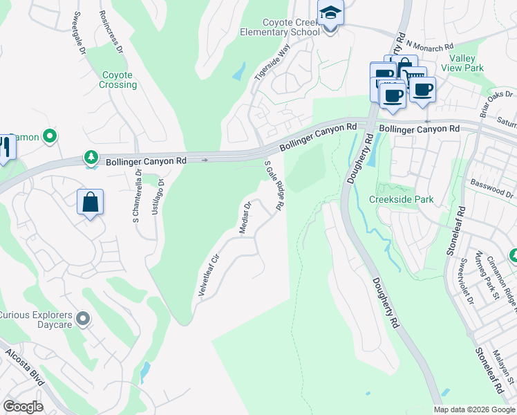 map of restaurants, bars, coffee shops, grocery stores, and more near 9324 Mediar Drive in San Ramon