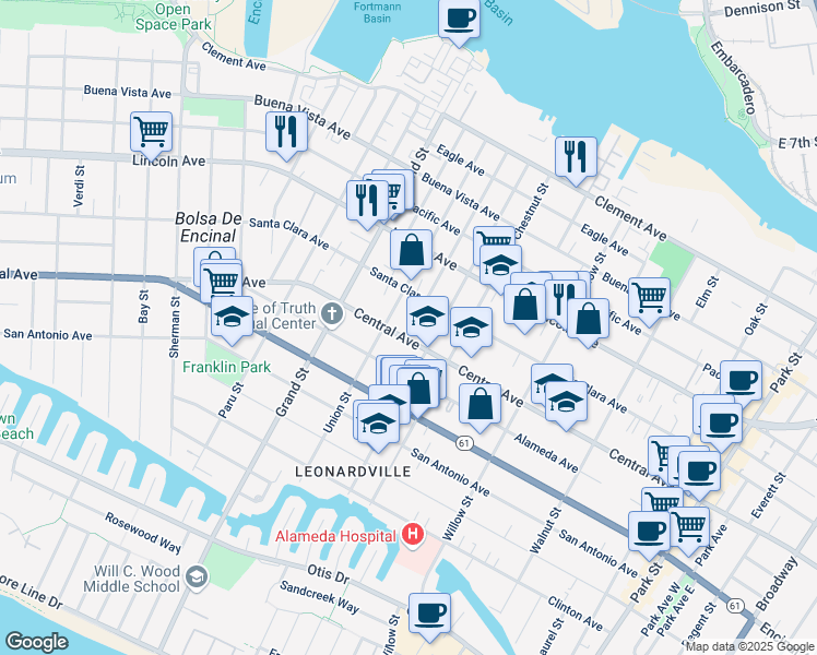 map of restaurants, bars, coffee shops, grocery stores, and more near 1817 Central Avenue in Alameda
