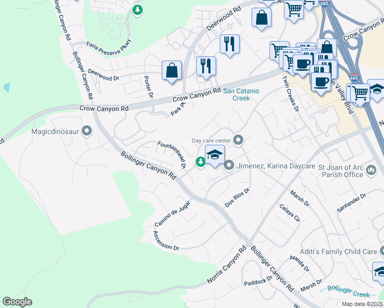 map of restaurants, bars, coffee shops, grocery stores, and more near 510 Cantanio Court in San Ramon