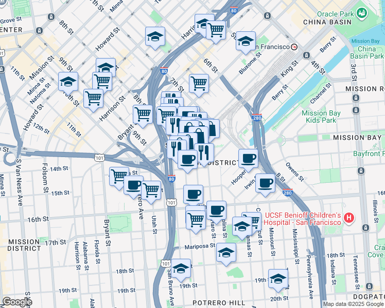 map of restaurants, bars, coffee shops, grocery stores, and more near in San Francisco