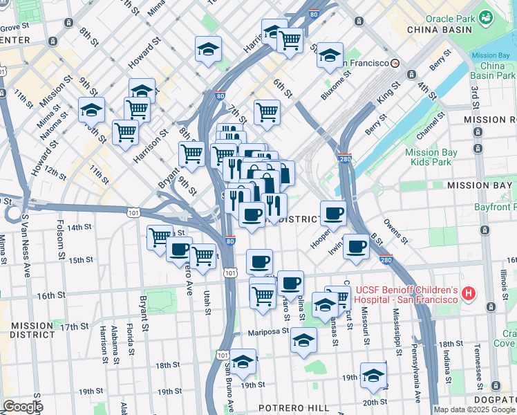 map of restaurants, bars, coffee shops, grocery stores, and more near 88 Division Street in San Francisco