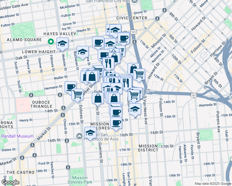 map of restaurants, bars, coffee shops, grocery stores, and more near 170 Valencia Street in San Francisco