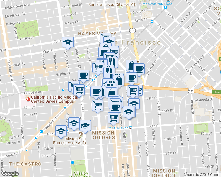 map of restaurants, bars, coffee shops, grocery stores, and more near 170 Valencia Street in San Francisco