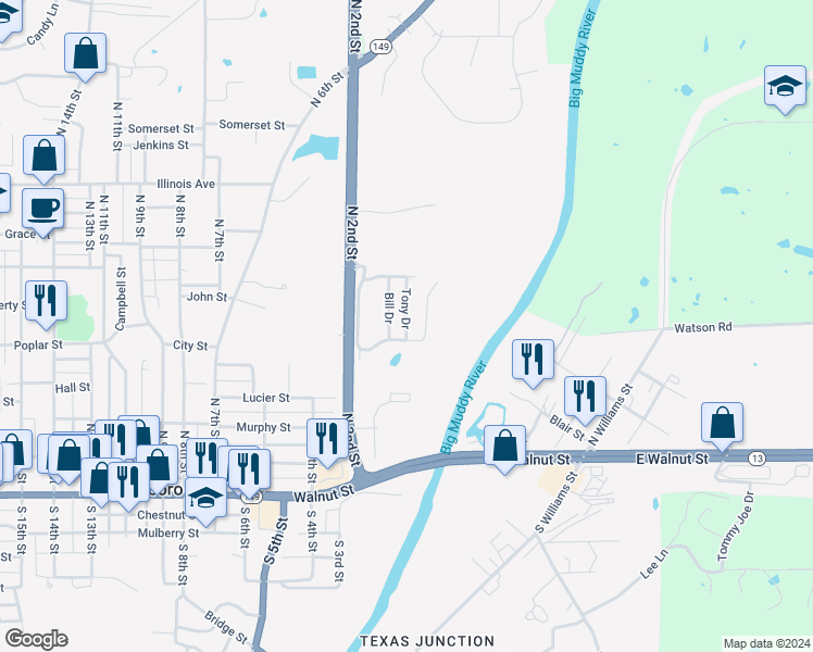 map of restaurants, bars, coffee shops, grocery stores, and more near Stephen Drive in Murphysboro