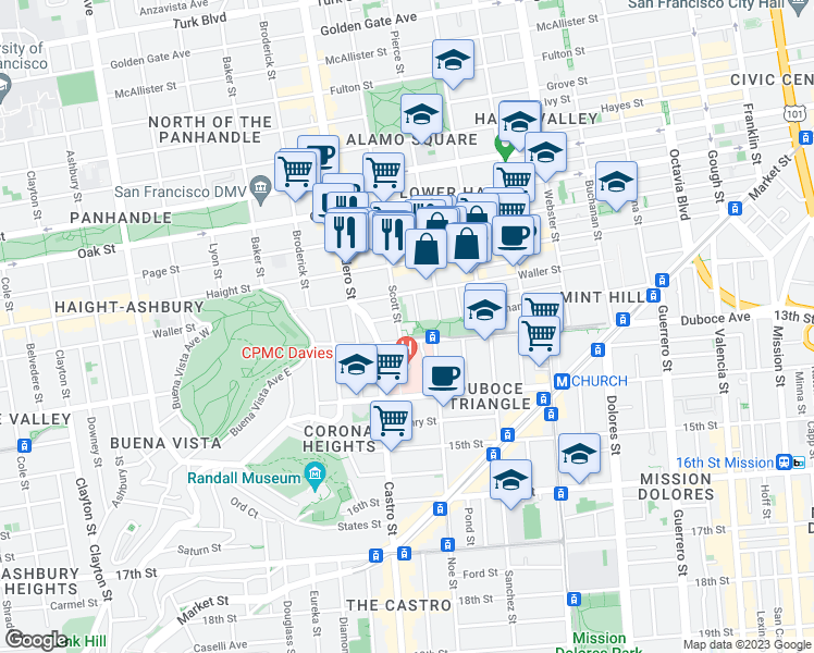 map of restaurants, bars, coffee shops, grocery stores, and more near 50 Scott Street in San Francisco