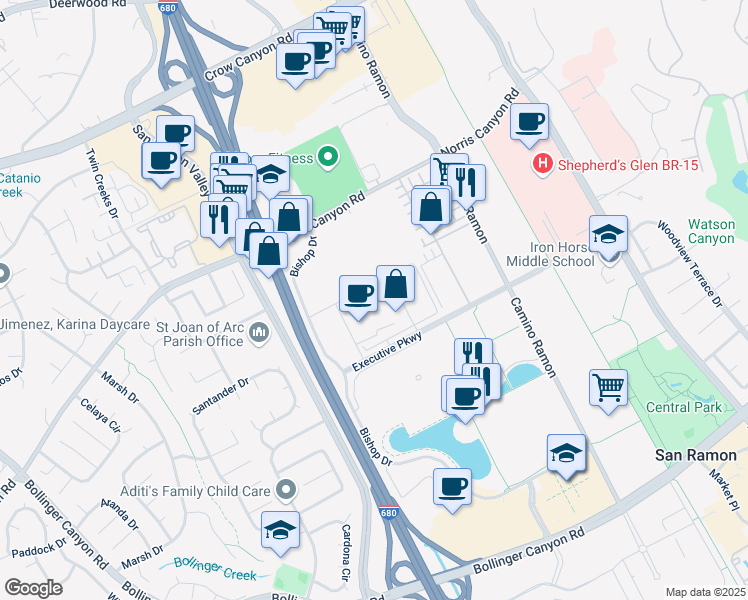 map of restaurants, bars, coffee shops, grocery stores, and more near 4000 Executive Parkway in San Ramon