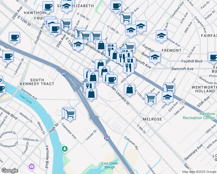 map of restaurants, bars, coffee shops, grocery stores, and more near 4401 San Leandro Street in Oakland