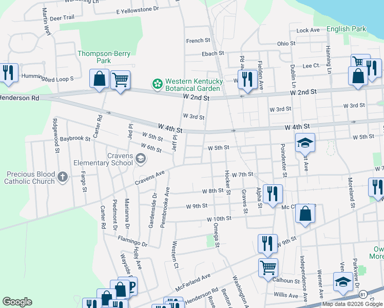 map of restaurants, bars, coffee shops, grocery stores, and more near 2542 W 5th St in Owensboro