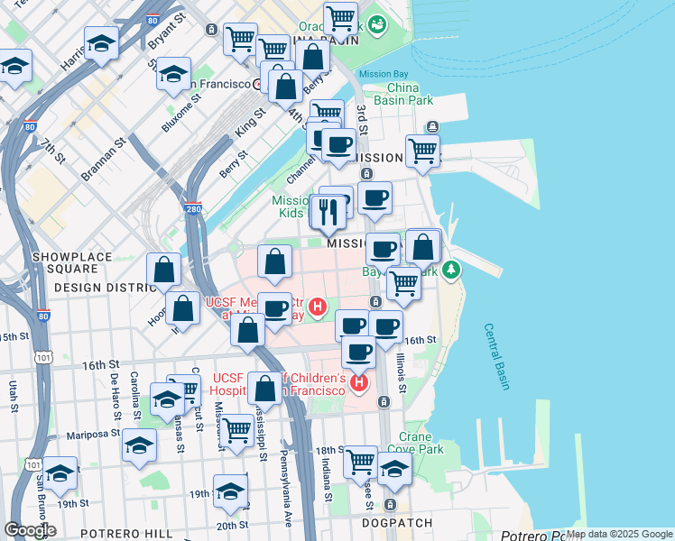 map of restaurants, bars, coffee shops, grocery stores, and more near 1500 Owens Street in San Francisco