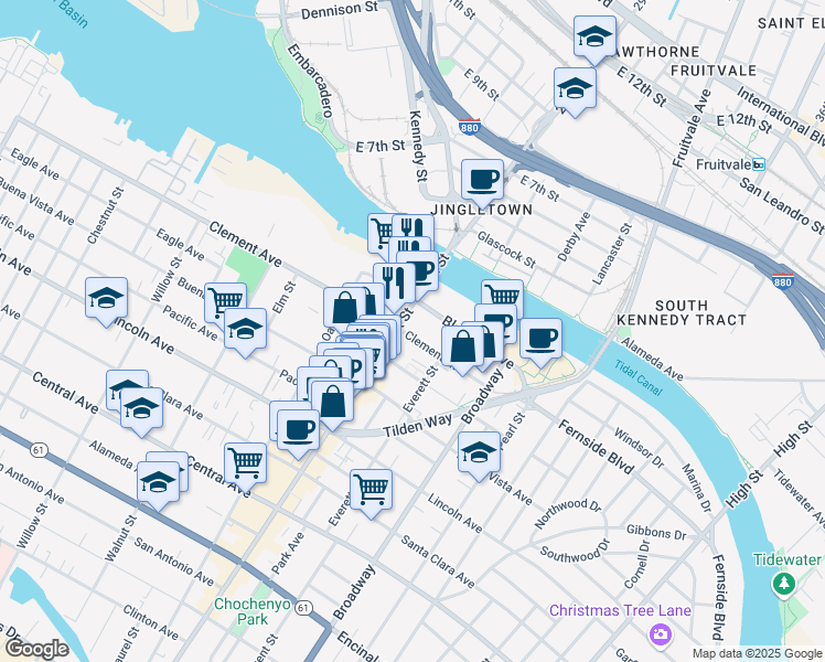 map of restaurants, bars, coffee shops, grocery stores, and more near 1900 Park Street in Alameda