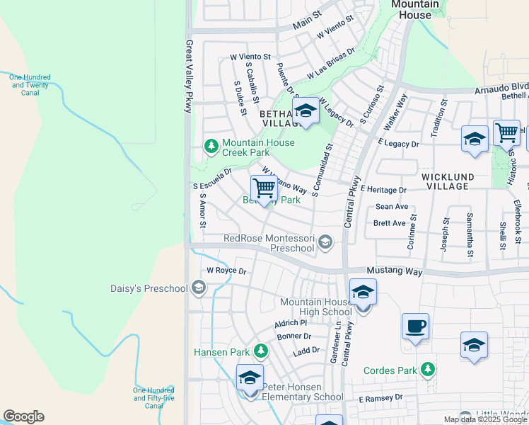 map of restaurants, bars, coffee shops, grocery stores, and more near 406 Fauna Avenue in Tracy