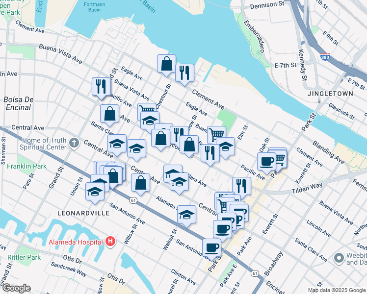 map of restaurants, bars, coffee shops, grocery stores, and more near 2109 Lincoln Avenue in Alameda