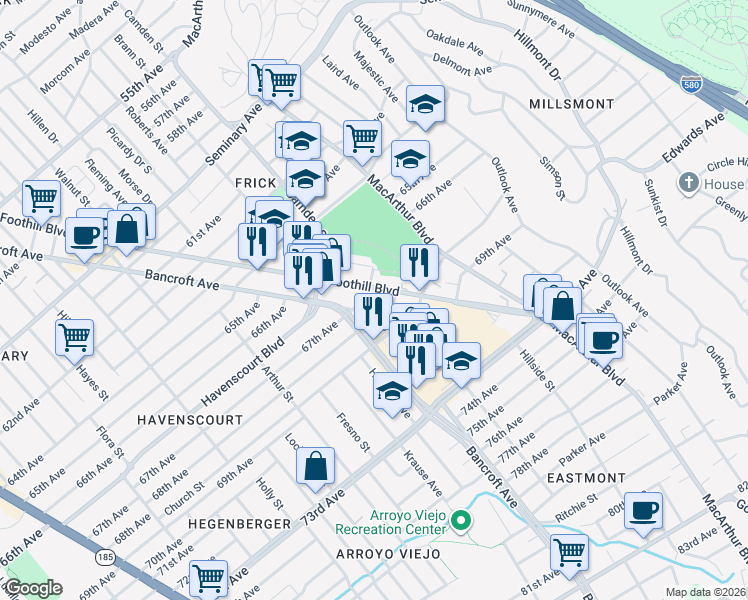 map of restaurants, bars, coffee shops, grocery stores, and more near 2830 67th Avenue in Oakland
