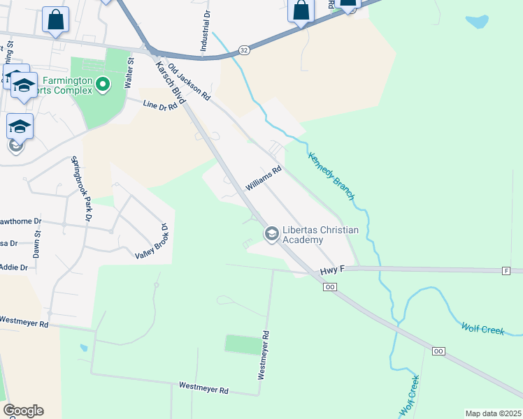 map of restaurants, bars, coffee shops, grocery stores, and more near 1221 Karsch Boulevard in Farmington