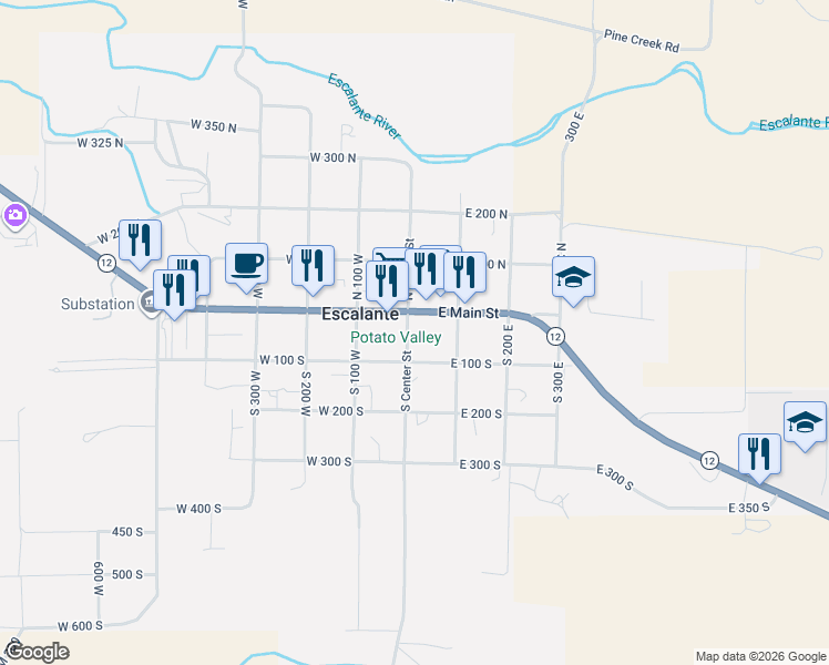map of restaurants, bars, coffee shops, grocery stores, and more near 40 East Main Street in Escalante