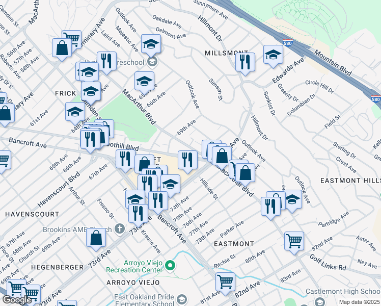 map of restaurants, bars, coffee shops, grocery stores, and more near 7048 MacArthur Boulevard in Oakland