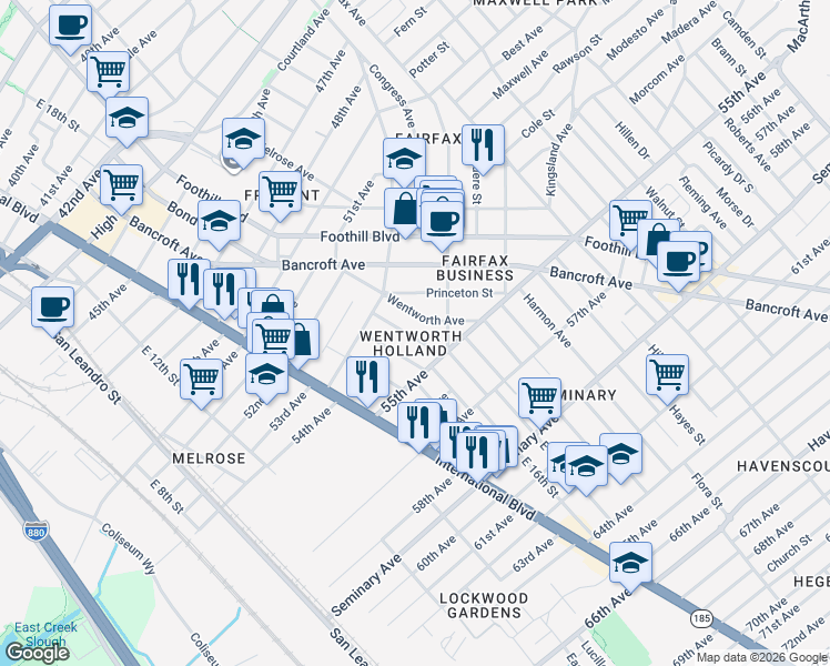 map of restaurants, bars, coffee shops, grocery stores, and more near 5365 Wentworth Avenue in Oakland