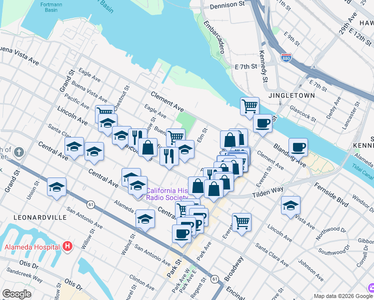 map of restaurants, bars, coffee shops, grocery stores, and more near in Alameda