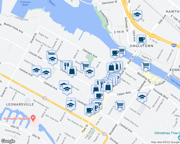 map of restaurants, bars, coffee shops, grocery stores, and more near in Alameda