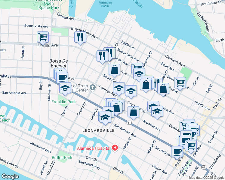 map of restaurants, bars, coffee shops, grocery stores, and more near 1420 Union Street in Alameda