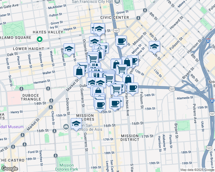 map of restaurants, bars, coffee shops, grocery stores, and more near 31 Duboce Avenue in San Francisco