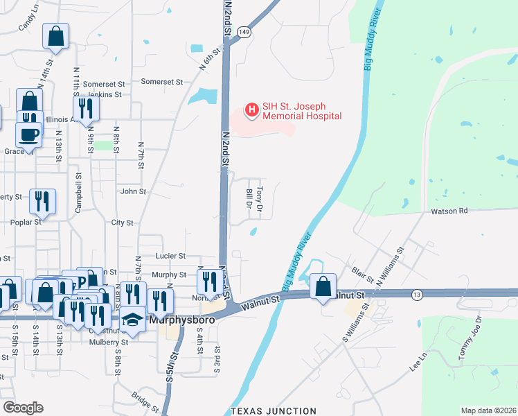 map of restaurants, bars, coffee shops, grocery stores, and more near 509 n Bill Drive in Murphysboro