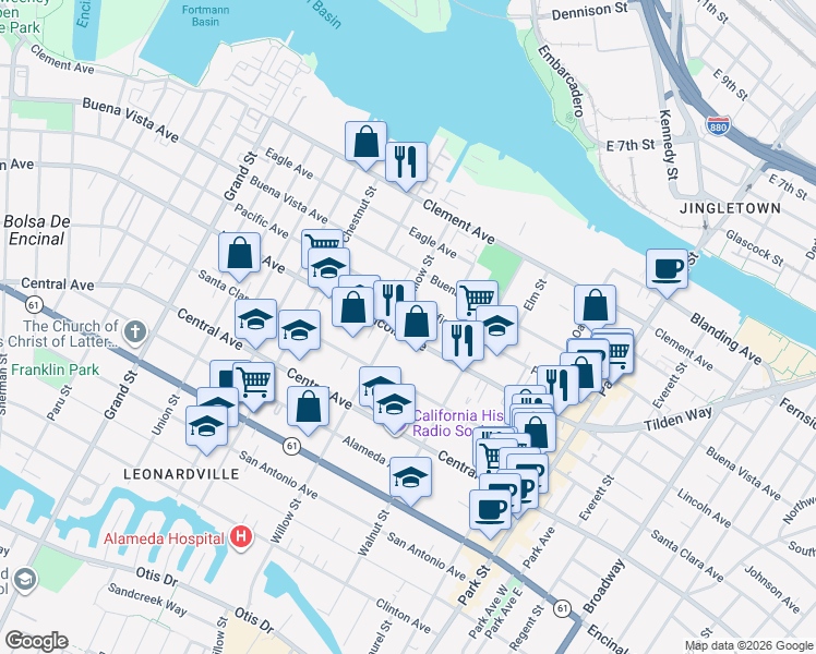 map of restaurants, bars, coffee shops, grocery stores, and more near 2111 Lincoln Avenue in Alameda