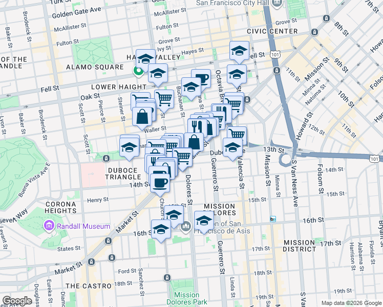 map of restaurants, bars, coffee shops, grocery stores, and more near 1 Buchanan Street in San Francisco