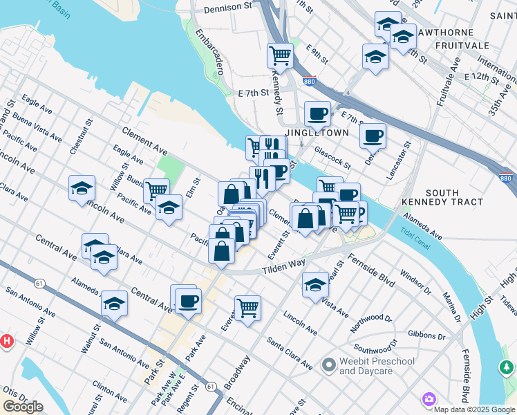 map of restaurants, bars, coffee shops, grocery stores, and more near 1825 Park Street in Alameda