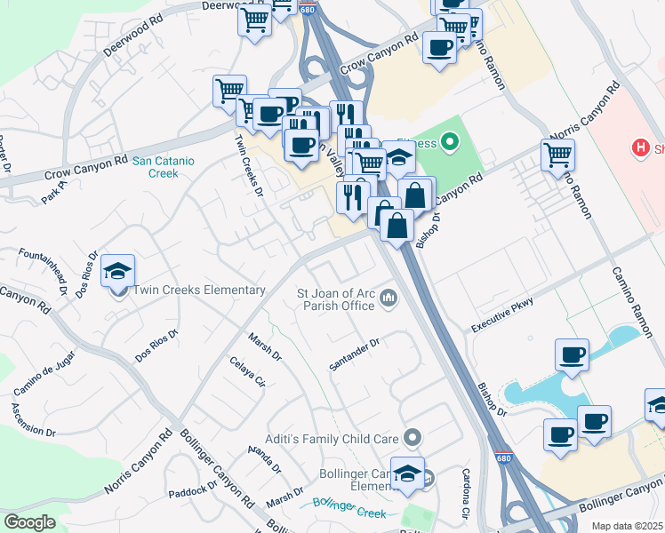 map of restaurants, bars, coffee shops, grocery stores, and more near Aragon Lane in San Ramon