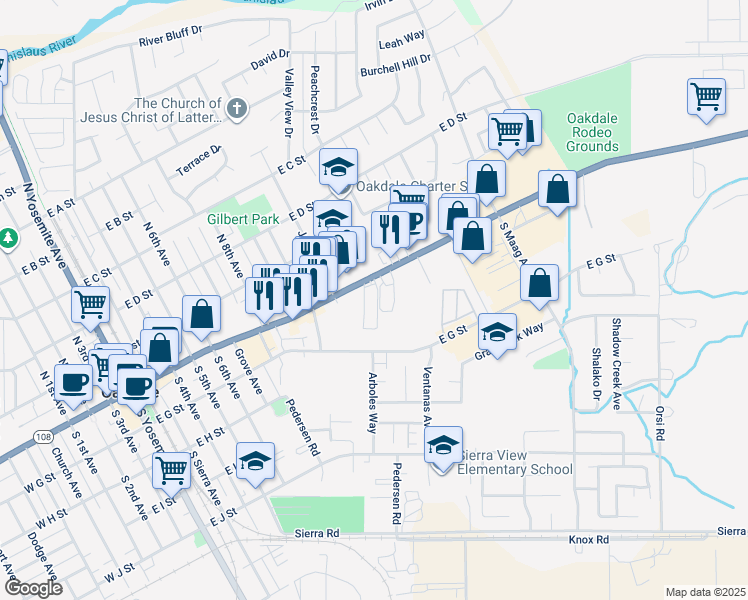 map of restaurants, bars, coffee shops, grocery stores, and more near 1275 East F Street in Oakdale