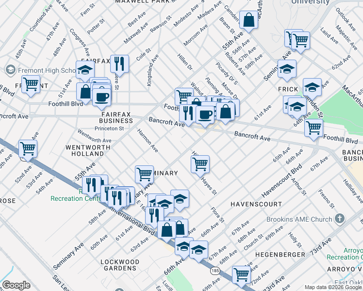 map of restaurants, bars, coffee shops, grocery stores, and more near 5730 Elizabeth Street in Oakland