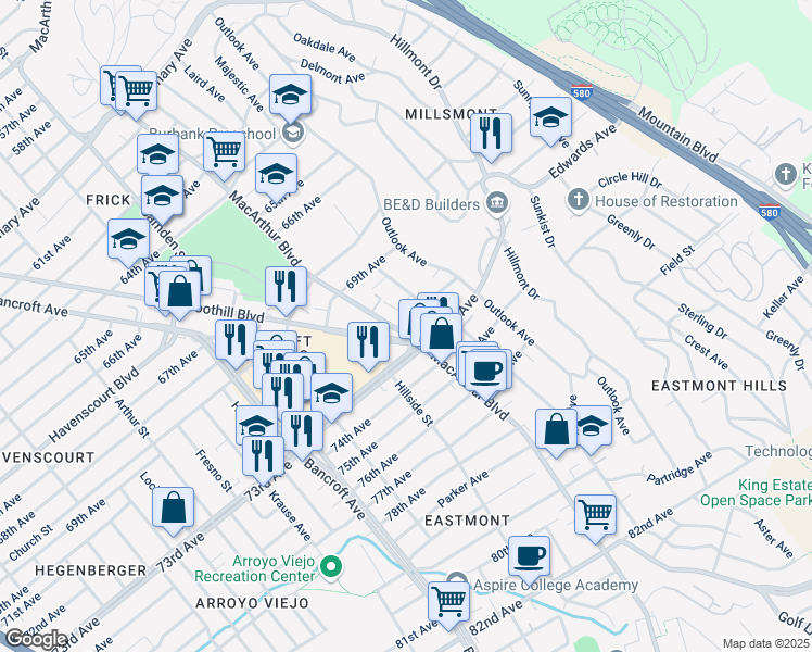 map of restaurants, bars, coffee shops, grocery stores, and more near 7200 MacArthur Boulevard in Oakland