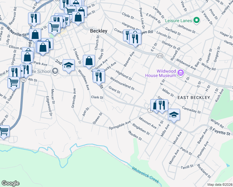 map of restaurants, bars, coffee shops, grocery stores, and more near 112 Grant St in Beckley