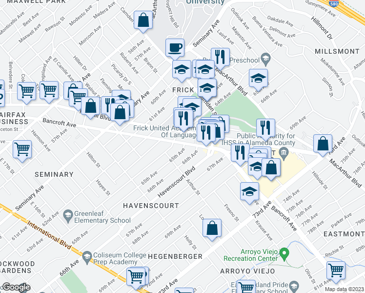 map of restaurants, bars, coffee shops, grocery stores, and more near 2671 65th Avenue in Oakland