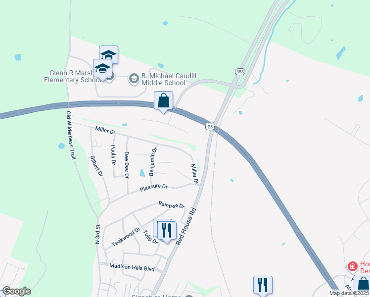 map of restaurants, bars, coffee shops, grocery stores, and more near 205 Miller Drive in Richmond