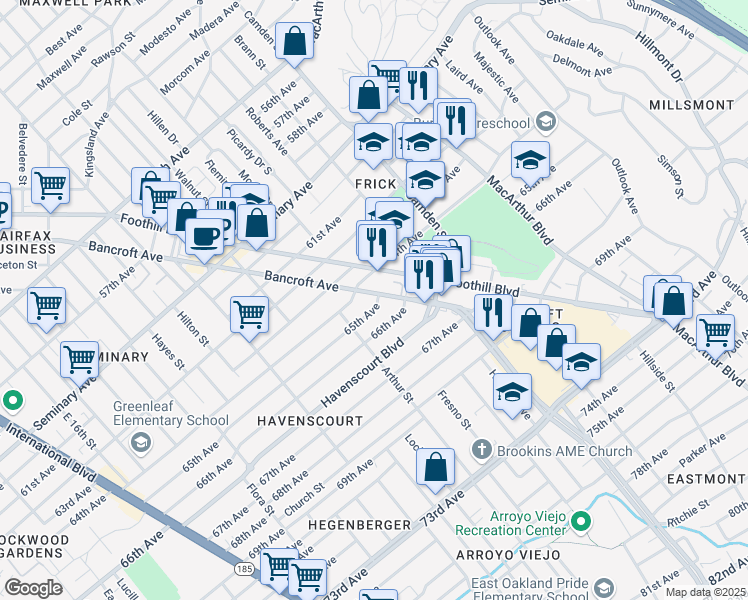 map of restaurants, bars, coffee shops, grocery stores, and more near 2671 65th Avenue in Oakland