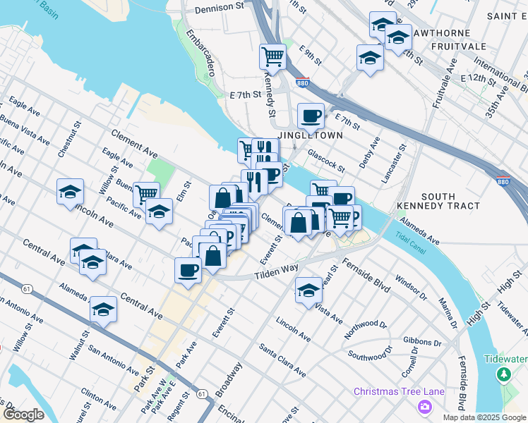 map of restaurants, bars, coffee shops, grocery stores, and more near 1900 Park Street in Alameda