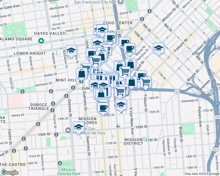 map of restaurants, bars, coffee shops, grocery stores, and more near 31 Duboce Avenue in San Francisco